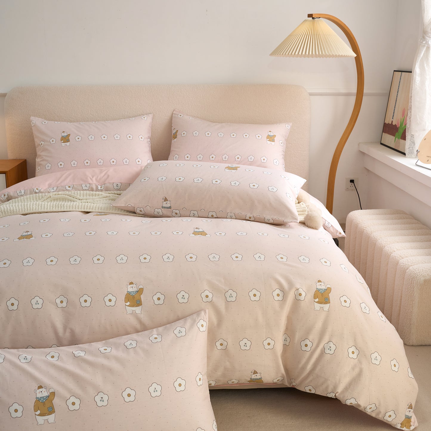 4PCS Premium Cotton Bedding Set | Honey Bear& Pink Floral Edition | SleepNest Bedding