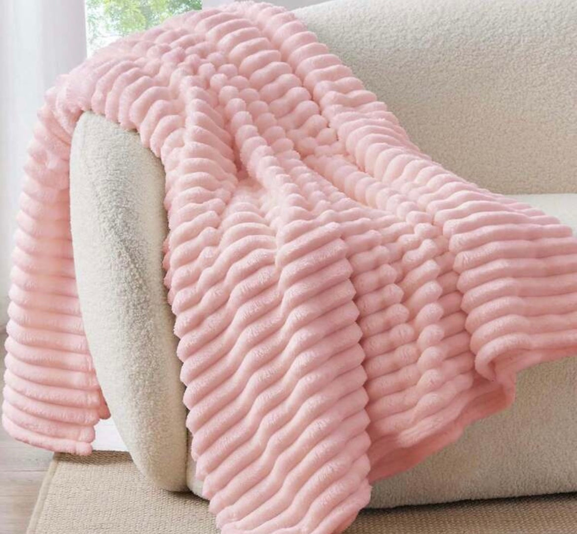 Pinky Marshmallow Throw Blanket | Soft Lightweight Pink Ribbed Blanket | SleepNest Bedding