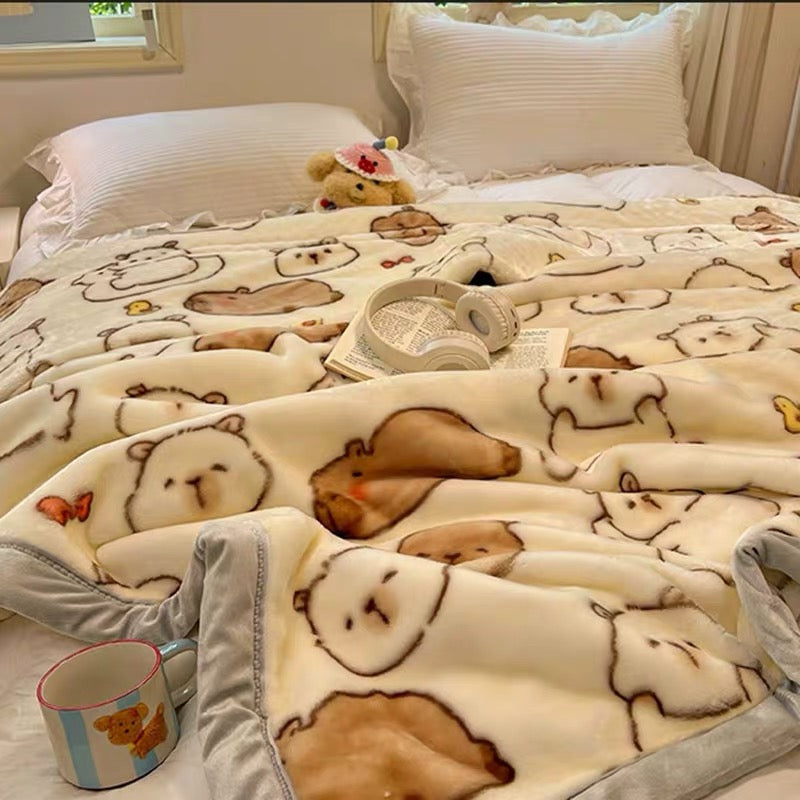 Heavyweight Raschel Flannel Fleece Blanket | Lulu Capybara – Double-Sided Warm Throw | SleepNest Bedding
