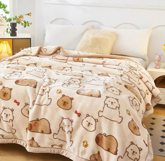 Heavyweight Raschel Flannel Fleece Blanket | Lulu Capybara – Double-Sided Warm Throw | SleepNest Bedding