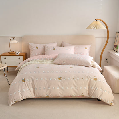 4PCS Premium Cotton Bedding Set | Honey Bear& Pink Floral Edition | SleepNest Bedding