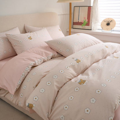 4PCS Premium Cotton Bedding Set | Honey Bear& Pink Floral Edition | SleepNest Bedding