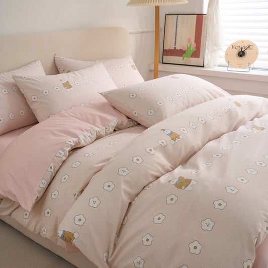 4PCS Premium Cotton Bedding Set | Honey Bear& Pink Floral Edition | SleepNest Bedding