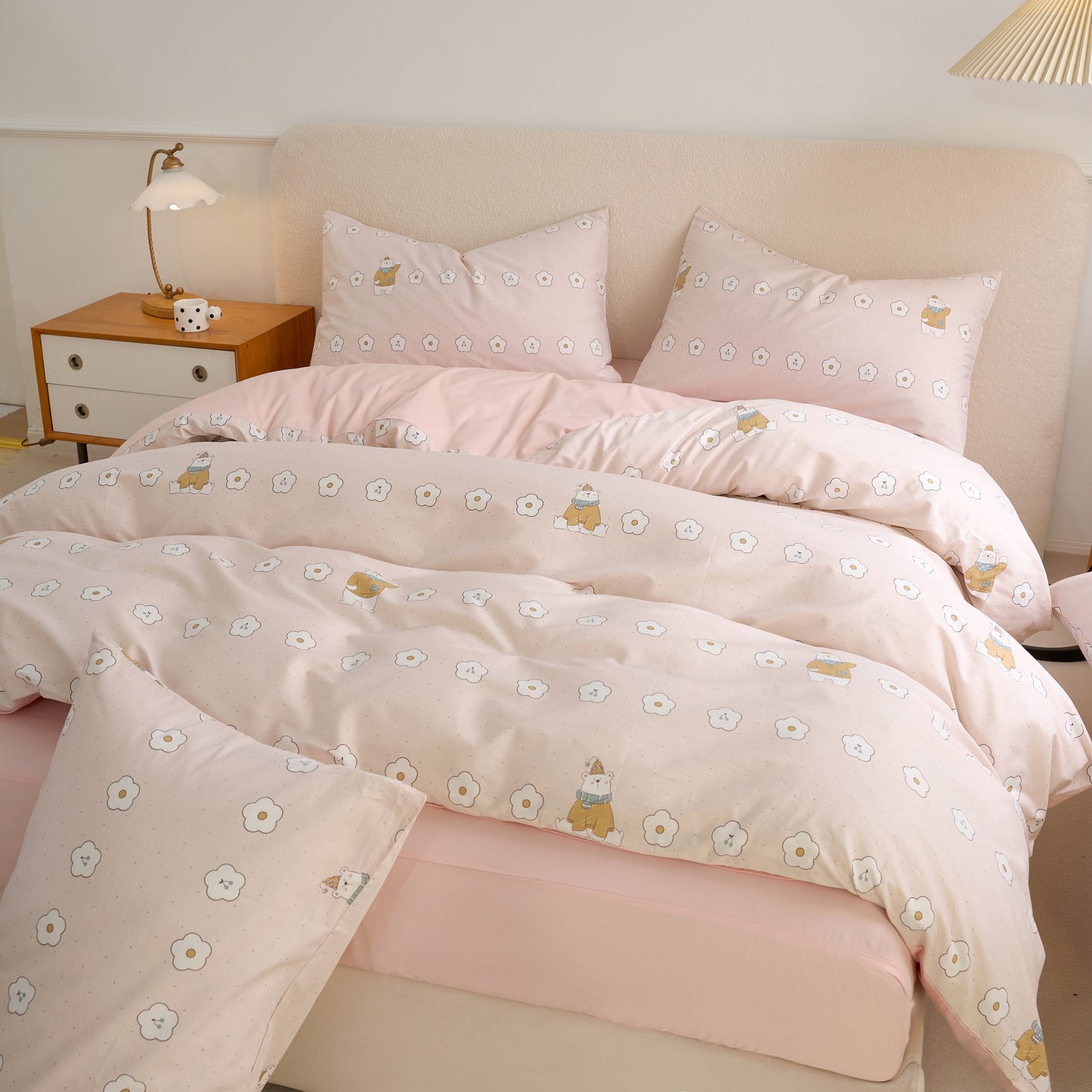 4PCS Premium Cotton Bedding Set | Honey Bear& Pink Floral Edition | SleepNest Bedding