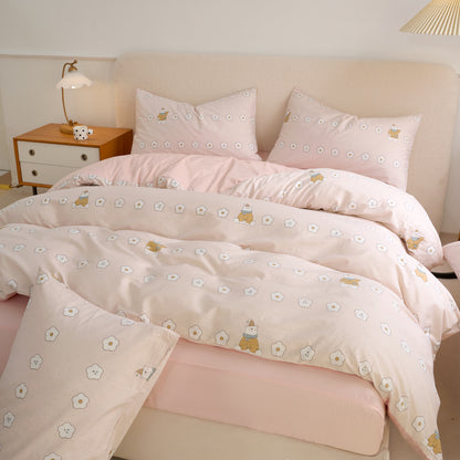 4PCS Premium Cotton Bedding Set | Honey Bear& Pink Floral Edition | SleepNest Bedding