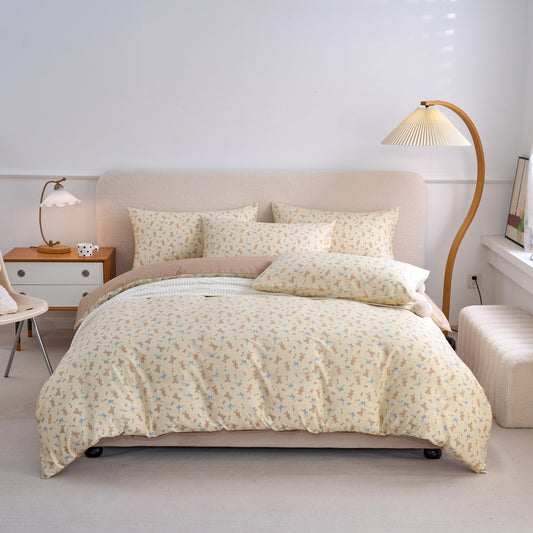4PCS Premium Cotton Bedding Set | Ribbon Bunny Fantasy& Soft Beige Edition | SleepNest Bedding