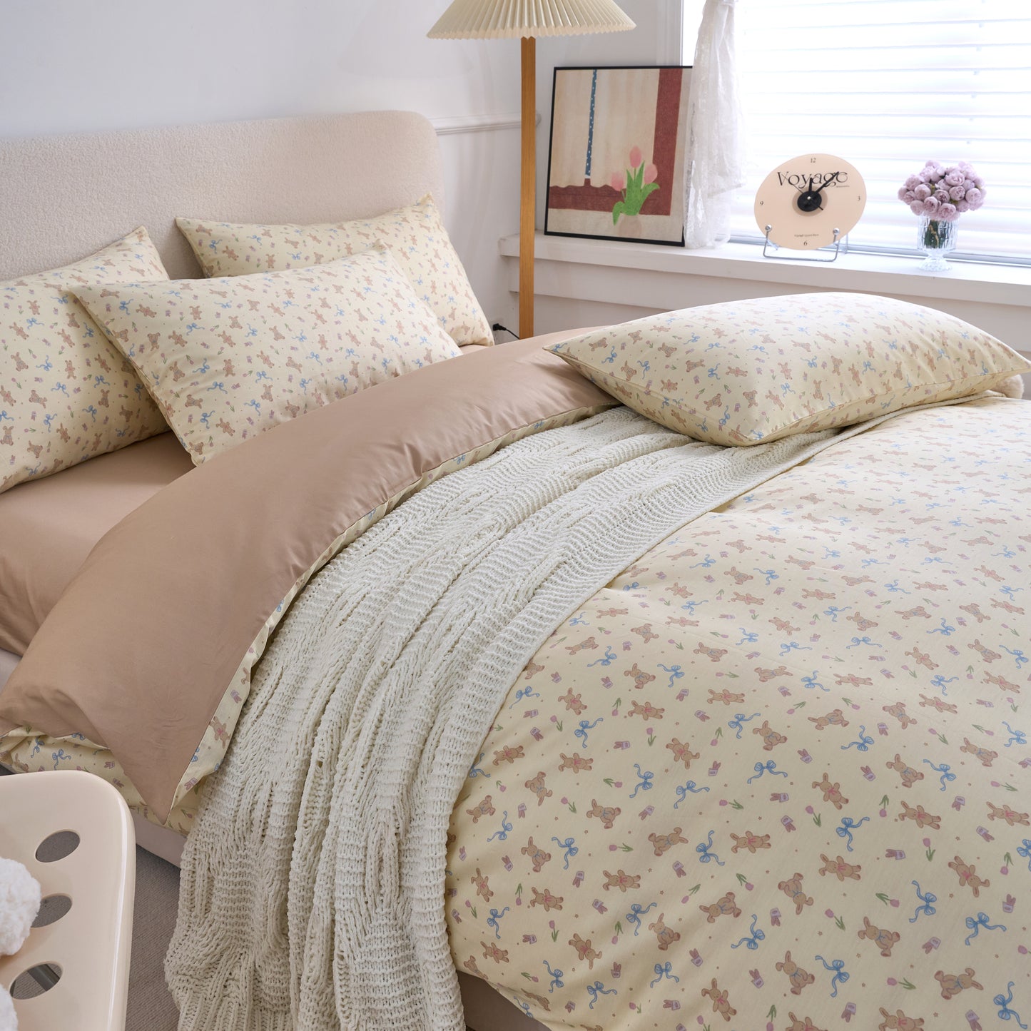 4PCS Premium Cotton Bedding Set | Ribbon Bunny Fantasy& Soft Beige Edition | SleepNest Bedding