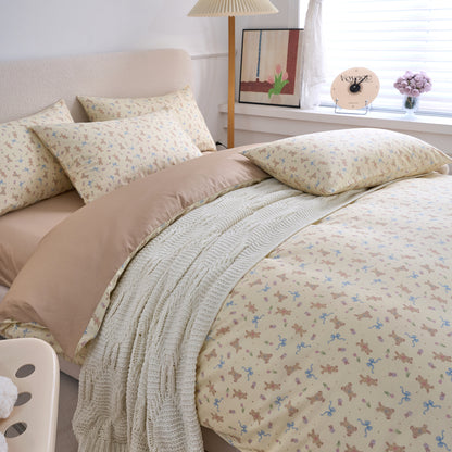 4PCS Premium Cotton Bedding Set | Ribbon Bunny Fantasy& Soft Beige Edition | SleepNest Bedding
