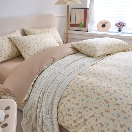 4PCS Premium Cotton Bedding Set | Ribbon Bunny Fantasy& Soft Beige Edition | SleepNest Bedding