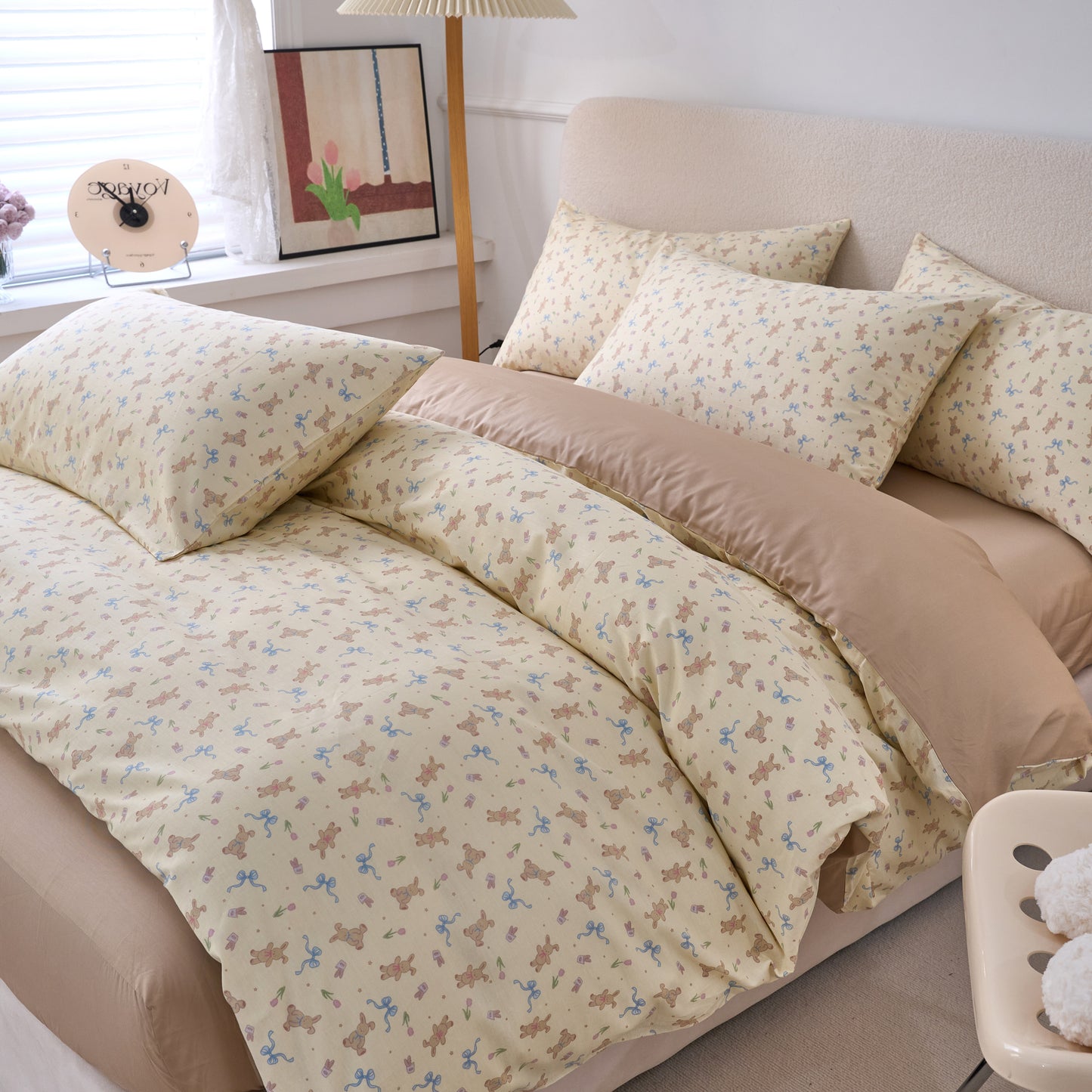 4PCS Premium Cotton Bedding Set | Ribbon Bunny Fantasy& Soft Beige Edition | SleepNest Bedding